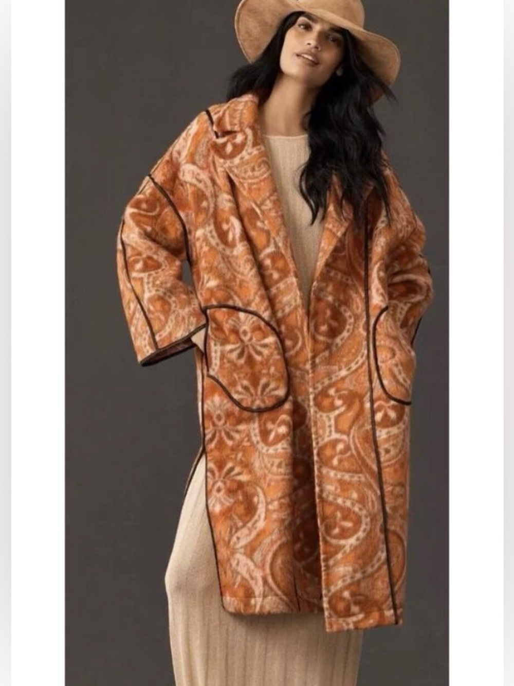 Anthropologie Paisley Kimono Duster Statement Coat Wool Blend Orange Pink OS